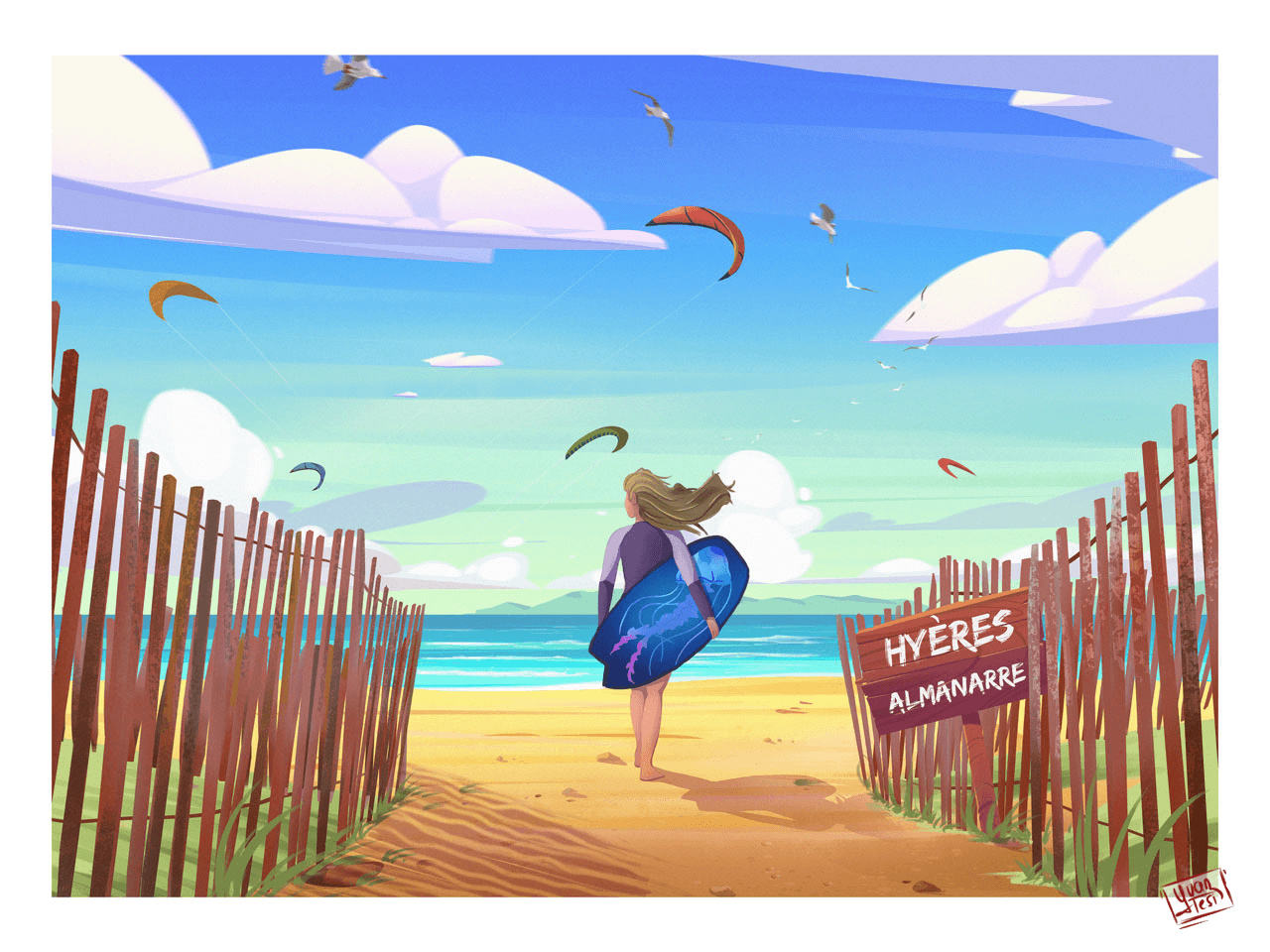affiche plage Almanarre Hyères dans le Var par Yvan Tesi, illustrateur