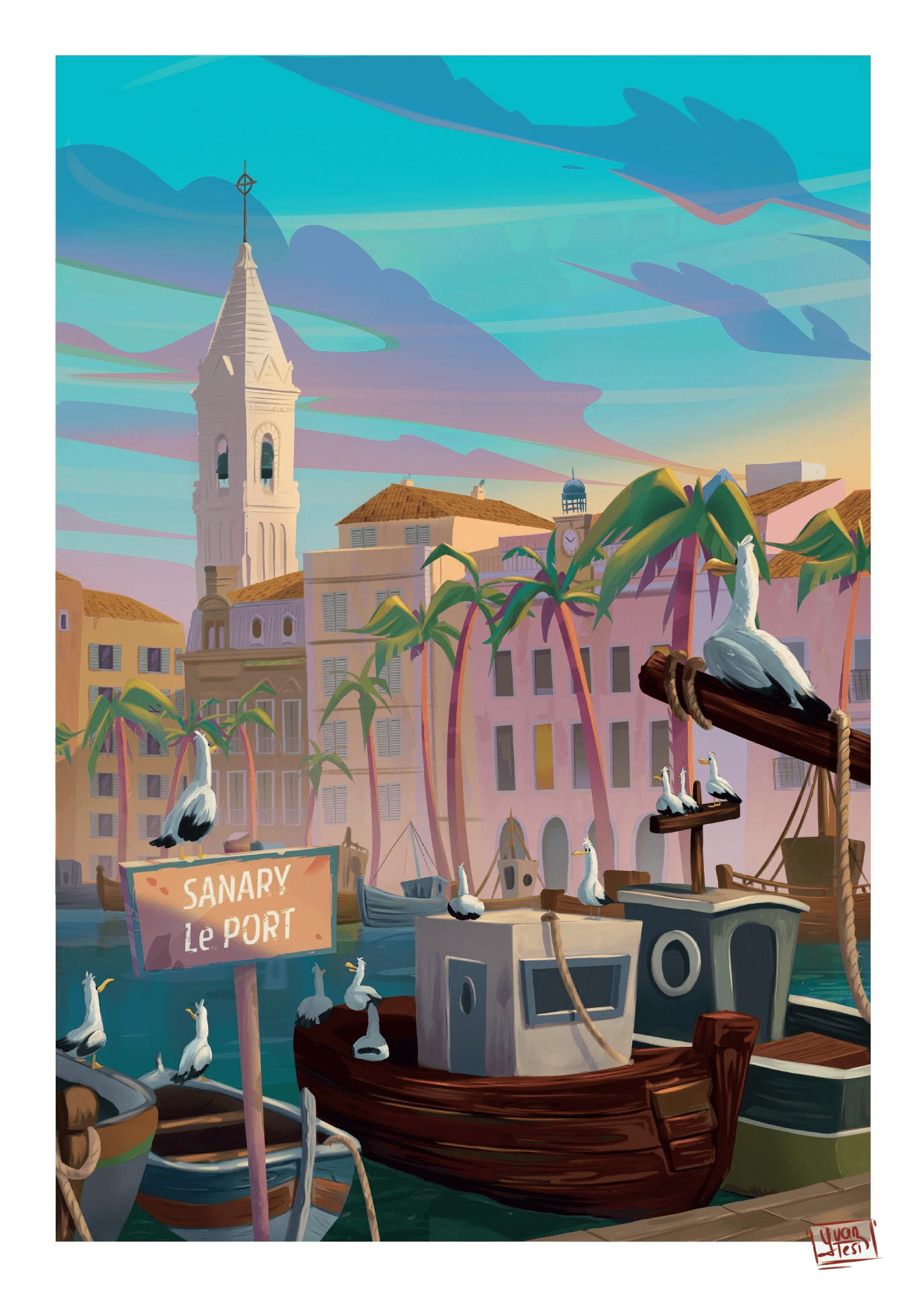 affiche Sanary-sur-mer dans le Var par Yvan Tesi, illustrateur