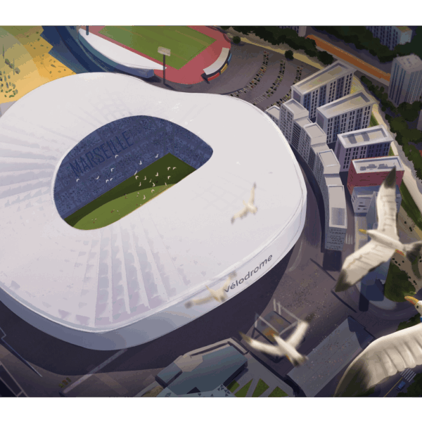affiche stade Vélodrome de Marseille par Yvan Tesi, illustrateur