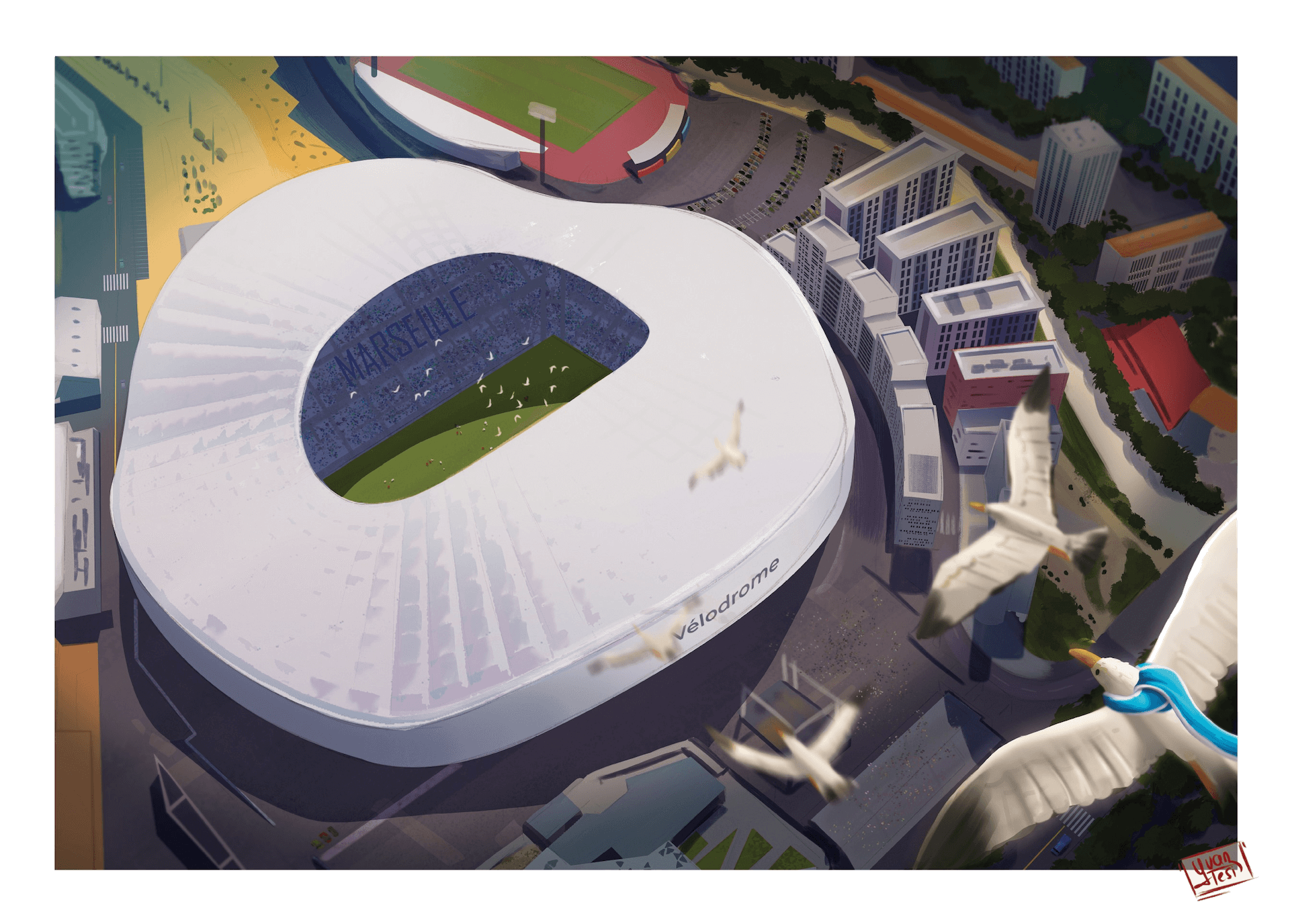 affiche stade Vélodrome de Marseille par Yvan Tesi, illustrateur